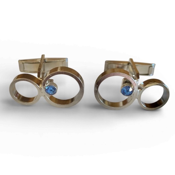 Other - 🧿 Modernist Silver-Tone Cufflinks with Blue Stone — Geometric Double Circle